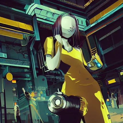 Image similar to Frequency indie album cover, luxury advertisement, white and yellow colors. highly detailed post-cyberpunk sci-fi close-up cyborg detective girl in asian city in style of cytus and deemo, mysterious vibes, by Ilya Kuvshinov, by Greg Tocchini, nier:automata, set in half-life 2, beautiful with eerie vibes, very inspirational, very stylish, with gradients, surrealistic, dystopia, postapocalyptic vibes, depth of filed, mist, rich cinematic atmosphere, perfect digital art, mystical journey in strange world, beautiful dramatic dark moody tones and studio lighting, shadows, bastion game, arthouse