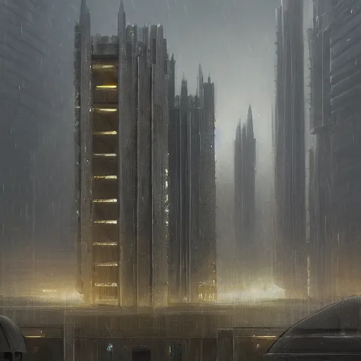 Image similar to highly detailed brutalist architecture city, star wars imperial style, while it's raining, stephen bliss, unreal engine, fantasy art by greg rutkowski, loish, rhads, ferdinand knab, makoto shinkai, ilya kuvshinov, rossdraws, global illumination, radiant light, detailed and intricate environment