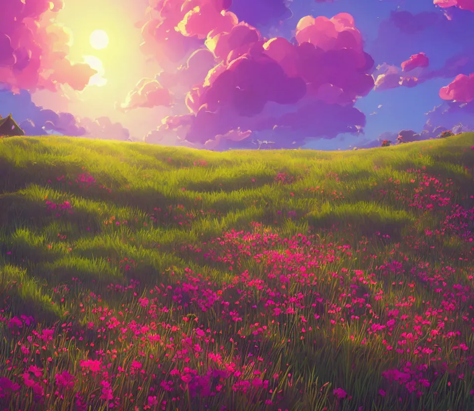 Image similar to green lush Field with beautiful flowers, aesthetic, calming, pink and yellow clouds in the sky, brightly illuminated by rays of sun, Clouds backlit by the sun, sunset ,artstation, colorful sylvain sarrailh illustration, by peter chan, day of the tentacle style