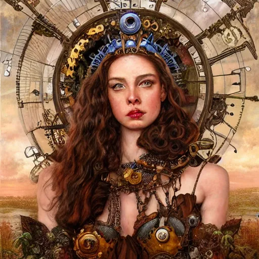 Image similar to Head and shoulders masterpiece portrait of Lana Rhoades as a steampunk beautiful goddess, she half human and half robot, she is embellished with few gears wheels and gemstones, by William Holman Hunt, Greg Rutkowski, Stanely Artgerm, Tooth Wu, Peter Gric, Aaron Horkey, trending on Artstation, digital art, mythological, symmetrical artwork, cinematic lighting, hyper realism, high detail, octane render, ultra realistic, golden ratio, 4k, 8k