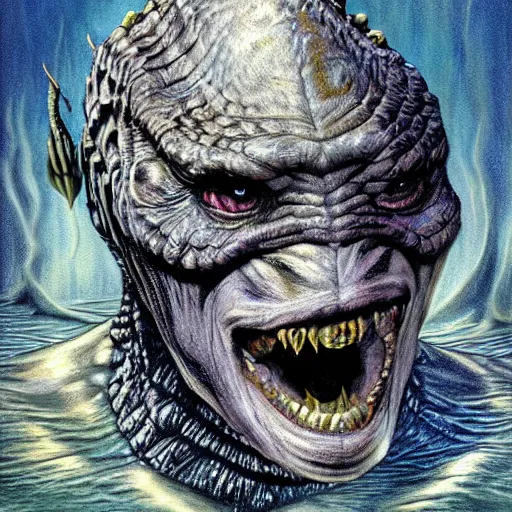 Prompt: highly detailed illustration of gill - man from creature of the black lagoon, hyper realistic, sci - fi horror art, colored, gerald brom