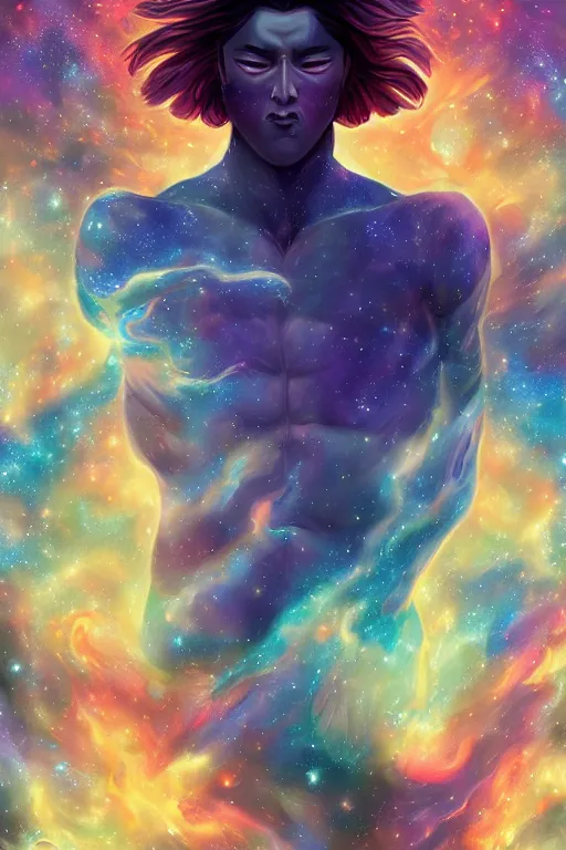 Image similar to god of the universe, korean mythology, galaxies and nebula flowing out of his body, artgerm, psychedelic floral planets, studio ghibli painterly style, trending on artstation