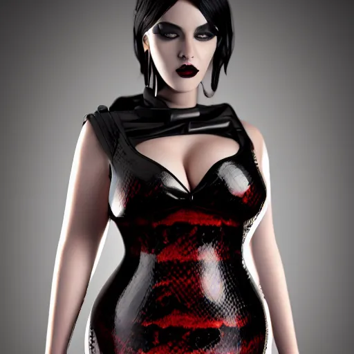 Image similar to curvy feminine hot goth woman with elegant red-black snakeskin leather dress, camo pattern, cgsociety, photorealistic, sublime ambience, idealistic, 16k, smooth, sharp focus, trending on ArtStation, volumetric lighting, fully clothed, worksafe