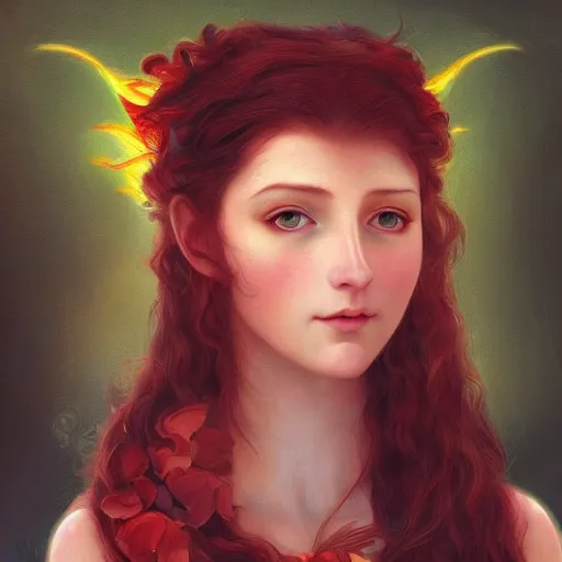 Image similar to a beautiful stunning fantasy whimsical matte digital portrait illustration of a pretty womam with bright green eyes and fiery red hair with a green bird on her shoulder, in the style of William Adolphe-Bouguereau and Marc Simonetti, magic the gathering, trending on artstation, contest winner