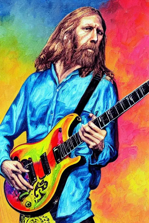 Prompt: a professional painting of Duane Allman, in brightly colored psychedelic shirt, playing a guitar, long hair, beautiful bone structure, symmetrical facial features, intricate, elegant, digital painting, concept art, smooth, sharp focus, illustration, William-Adolphe Bouguerea, epic, stunning, gorgeous, intricate detail, much wow, ultra realistic, photorealism, 4K, masterpiece, trending on artstation