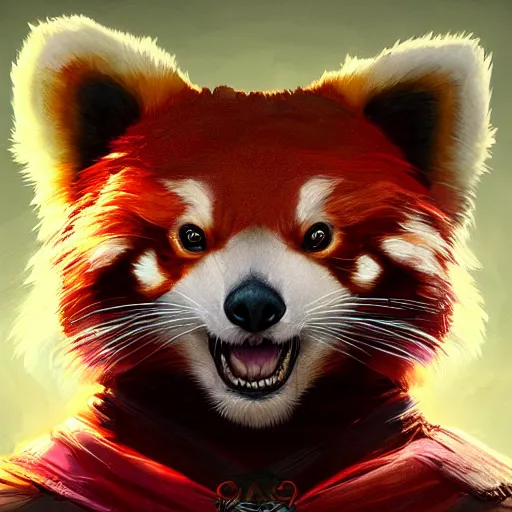 Image similar to red panda as diablo 3 character, digital illustration portrait design, by android jones and greg rutkowski, retrowave color scheme, detailed, cinematic lighting, wide angle action dynamic portrait