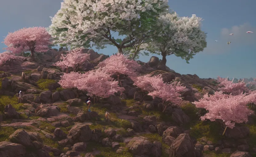 Image similar to cherry blossoms in the rocky hills, Low level, rendered by Beeple, Makoto Shinkai, syd meade, simon stålenhag, synthwave style, digital art, unreal engine, WLOP, trending on artstation, 4K UHD image, octane render,