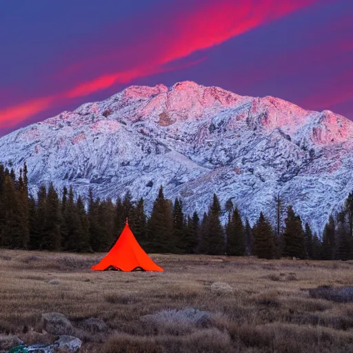 Image similar to an orange tent in the foreground of the sierra mountains at dawn, photo, 4 k