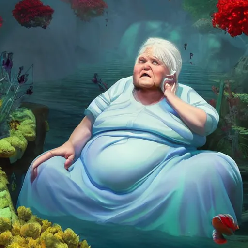 Image similar to of a very beautiful scene. ambient occlusion render. a sweet fat old woman is giving a birth to a huge colorful fish. flowery dress. mirror. symmetrical face, red mouth, blue eyes. deep focus, lovely scene. ambient occlusion render. concept art. unreal engine.