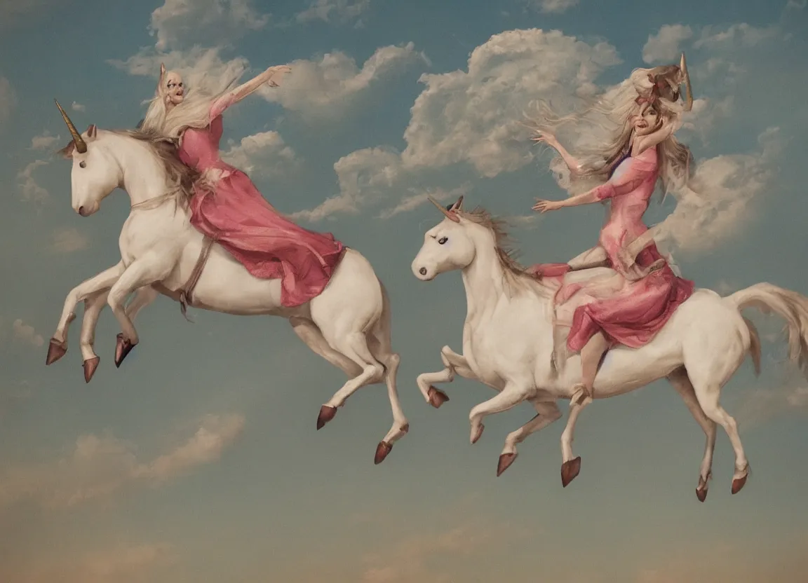 Image similar to woman riding a flying unicorn