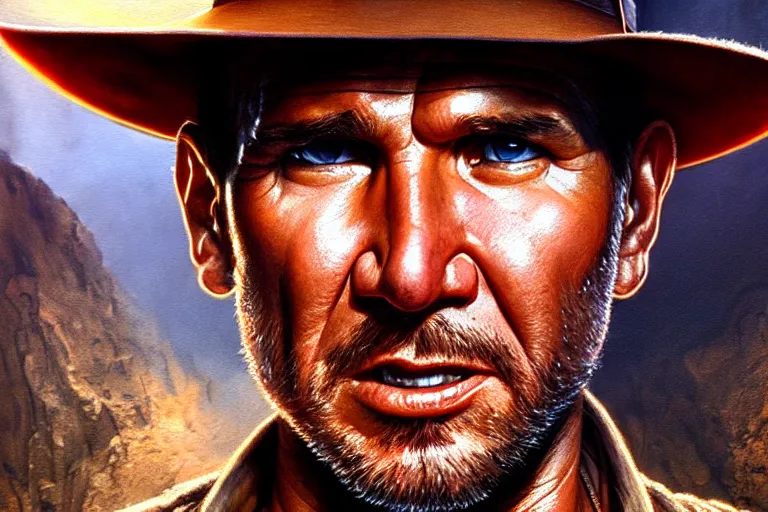 Image similar to hyperrealistic mixed media painting of Indiana Jones, perfect facial symmetry, dim volumetric lighting, 8k octane beautifully detailed render, post-processing, portrait, extremely hyper-detailed, intricate, epic composition, realistic eyes, cinematic lighting, masterpiece, trending on artstation, stunning, art by P. Craig Russell and Barry Windsor-Smith