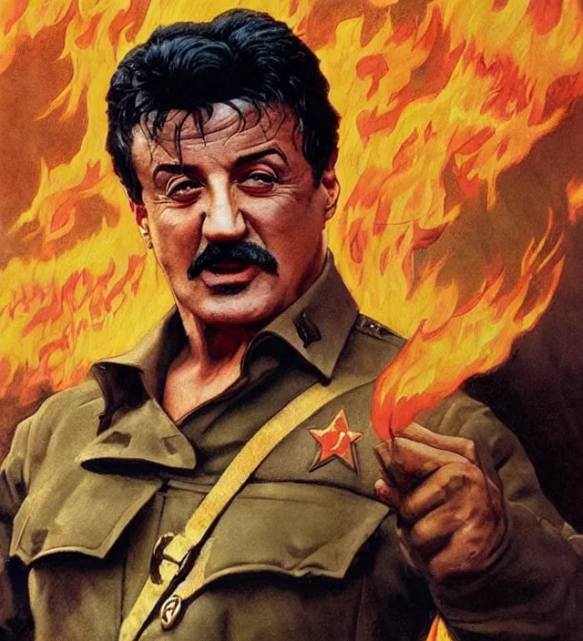 Image similar to sylvester stallone as stalin on fire,, cinematic, by greg rutowski, by greg rutkowski, by stanley artgerm, by alphonse mucha