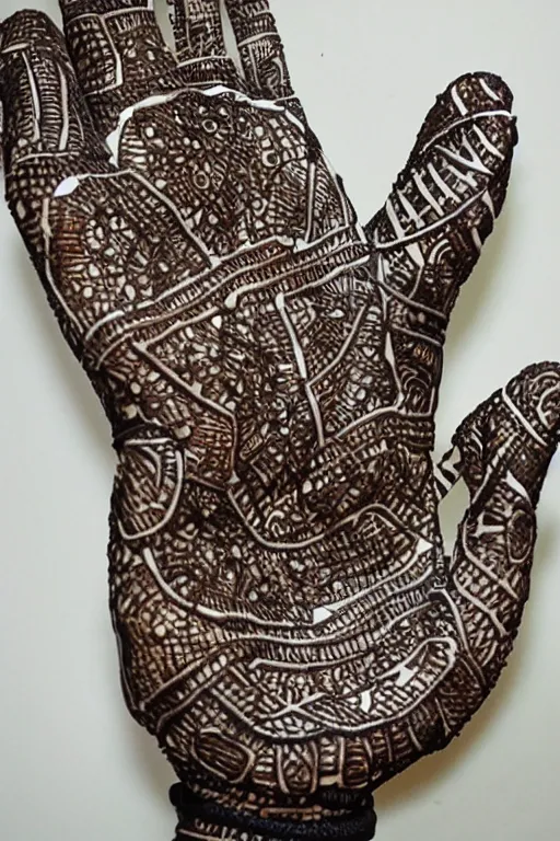 Image similar to ceramic robotic hand covered in henna