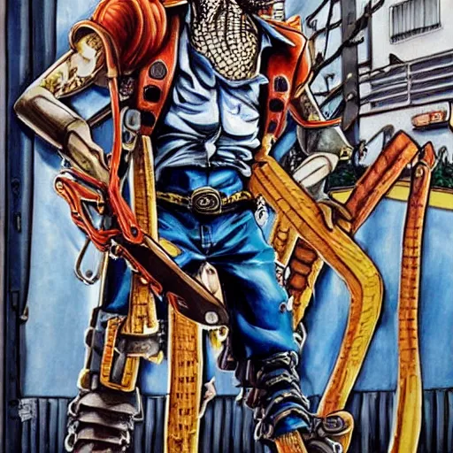 Prompt: a beautiful painting of a chainsawman with chainsaw arms posing for a picture on a city street by hirohiko araki, detailed line art, jojos bizarre adventure