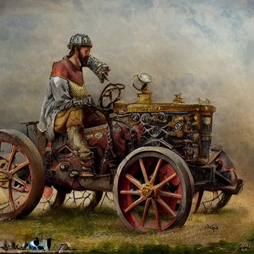 Image similar to ( ( ( ( ( the medieval king riding royal farm tractor, fully ornated with intricate gold and jewels. muted colors. ) ) ) ) ) high resolution, high quality, by jean - baptiste monge