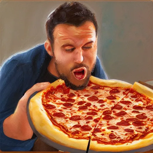 Prompt: an male person eating cheesy pizza, digital art, 3 d, oil painting,