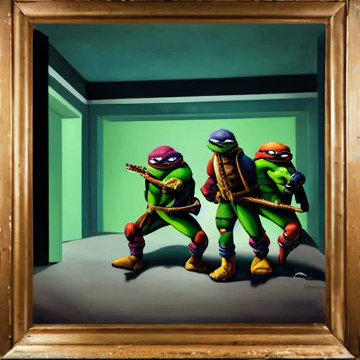 Prompt: teenage mutant ninja turtles inside of a blockbuster painted by edward hopper