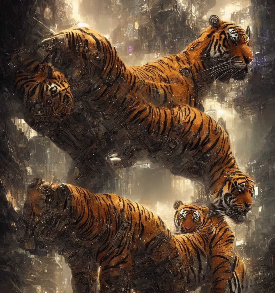 Prompt: small cybernetic tiger, cinematic, highly detailed, octane render, cg, rich cinematic atmosphere, perfect digital art, mystical journey in strange world, Mystical, cyberpunk, sci-fi, surreal, glowing lights, sharp focus, high detailed, by Akihiko Yoshida, michael whelan and Karol Bak