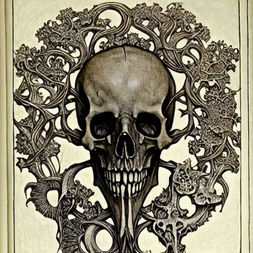 Image similar to memento mori by arthur rackham, art forms of nature by ernst haeckel, exquisitely detailed, art nouveau, gothic, ornately carved beautiful skull dominant, intricately carved antique bone, art nouveau botanicals, ornamental bone carvings, art forms of nature by ernst haeckel, horizontal symmetry, arthur rackham, ernst haeckel, symbolist, visionary