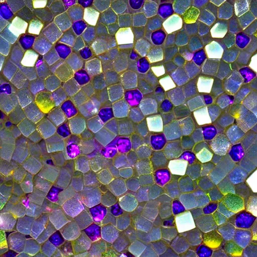 Prompt: texture of joined hexagonal clear quartz crystals through which is clearly visible the beatific multicoloured lights of paradise, exquisitely clear and hyper realistically sharp,