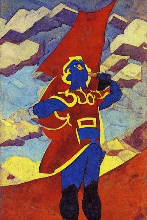 Image similar to thor with hammer, marvel, artwork by nicholas roerich,