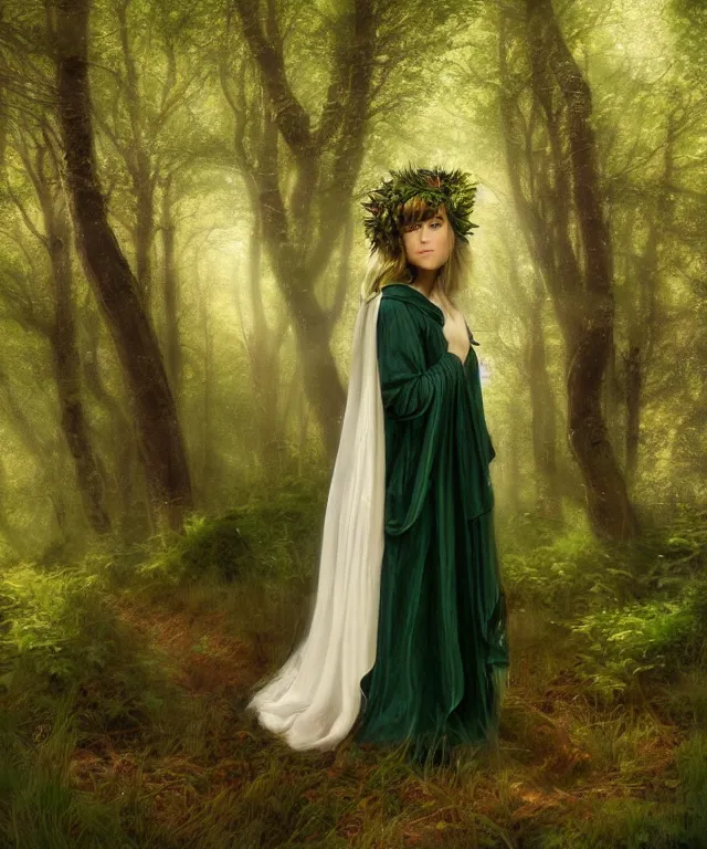 Image similar to young beautiful fey druid woman, full body portrait, white hair, flower crown, dark green robes, intricate, standing in a dark forest, sunbeams, in style of john everett millais