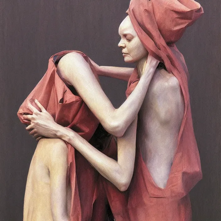 Prompt: two women hugging with a paper bag over the head, dressed in plastic bags, highly detailed, artstation, art by , edward hopper, zdislav beksinski, wayne barlowe