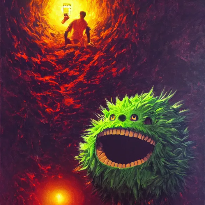 Image similar to cinematic portrait of a tennis ball monster in the abyss of space, oil on canvas, masterpiece, trending on artstation, featured on pixiv, cinematic composition, dramatic pose, beautiful lighting, sharp details, hyper-detailed, HD, HDR, 4K, 8K, art by Basil Gogos