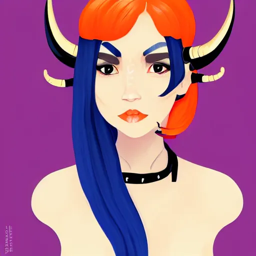 Prompt: illustrated portrait of horned devil woman with blue bob hairstyle and with tangerine colored skin and with solid black eyes wearing leather by rossdraws