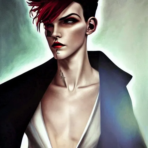 Image similar to stunning portrait of androgynous ruby rose as desire from sandman in a white tuxedo!!!, rockabilly style, by frank moth, by alphonse mucha, by jeremy mann, by peter lindbergh, dave mckean, white suit and black tie, soft lightning, high detailed, 8 k