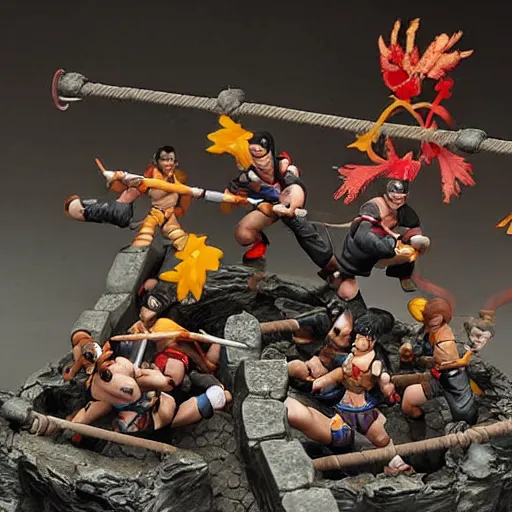 Image similar to photo of figma figures inside a diorama, depicting the cute chibi fighters of mortal kombat brutally fighting each other inside a shaolin temple above a spike - pit.