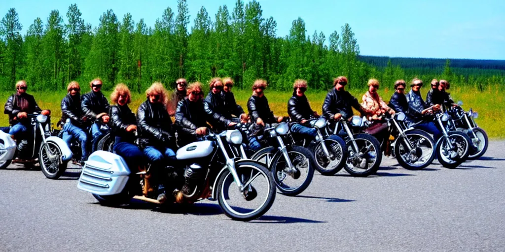 Prompt: motorcycle gang riding in finland, summer, moebius style