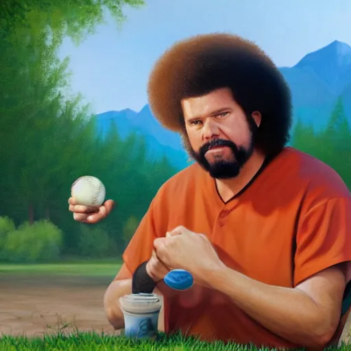 Image similar to a closeup photorealistic photograph of bob ross painting an image of kenny powers pitching a baseball on a canvas. mountains and trees. film still. brightly lit scene. this 4 k hd image is trending on artstation, featured on behance, well - rendered, extra crisp, features intricate detail, epic composition and the style of unreal engine.