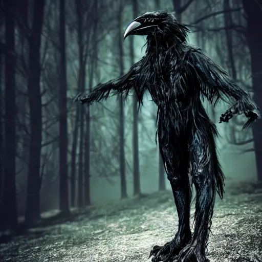 Image similar to werecreature consisting of a crow and a human, featured on artstation, photograph captured in a dark forest