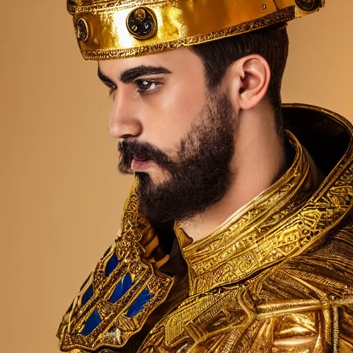 Prompt: photo of a beautiful young greek man in the costume of a byzantine emperor, fashion photo shoot, studio lighting, 4 k