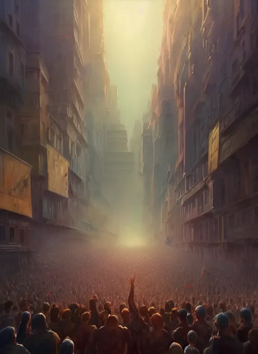 Image similar to painting of a crowd with raised arms pointing towardб demonstration, cinematic view, epic sky, detailed, concept art, low angle, high detail, warm lighting, volumetric, godrays, vivid, beautiful, trending on artstation, by jordan grimmer, huge scene, art greg rutkowski