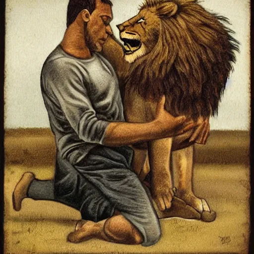 Image similar to man and lion wrestling Art