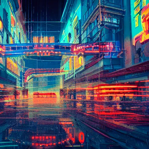 Image similar to a hyper realistic photo of a cyberpunk budapest, extremely detailed, neon lights, reflections, ray tracing, 4 k, octane render,