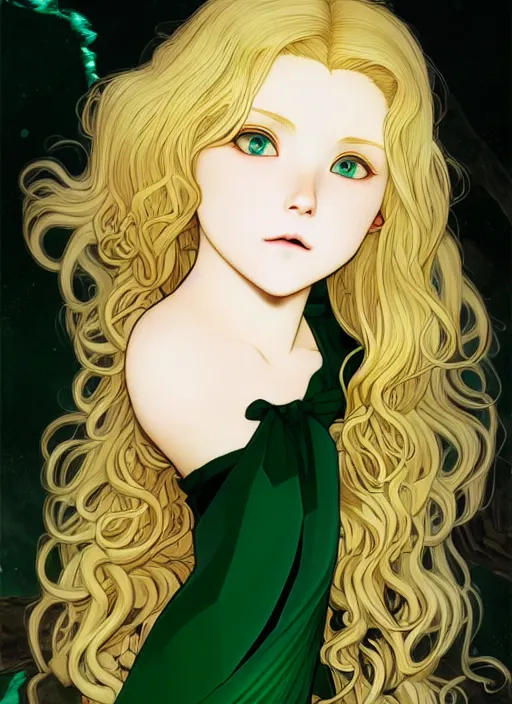 Image similar to young blond vampire girl, goddess of green velvety malachite and obsidian diamonds and black roses with long curly, golden hair, perfectly proportioned face, brown eyes, sweet smile, strong jawline,, natural lighting, path traced, highly detailed, high quality, cartoon, digital painting, by new haicheng and studio ghibli and alphonse mucha