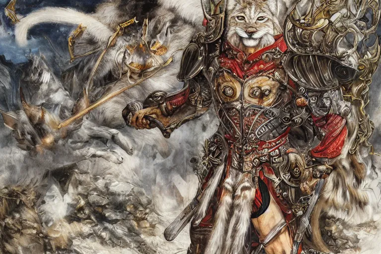 Image similar to 8k Yoshitaka Amano painting of upper body of a young cool looking lynx beast-man with white mane at a medieval market at windy day. Depth of field. He is wearing complex fantasy armors. He has huge paws. Renaissance style lighting.