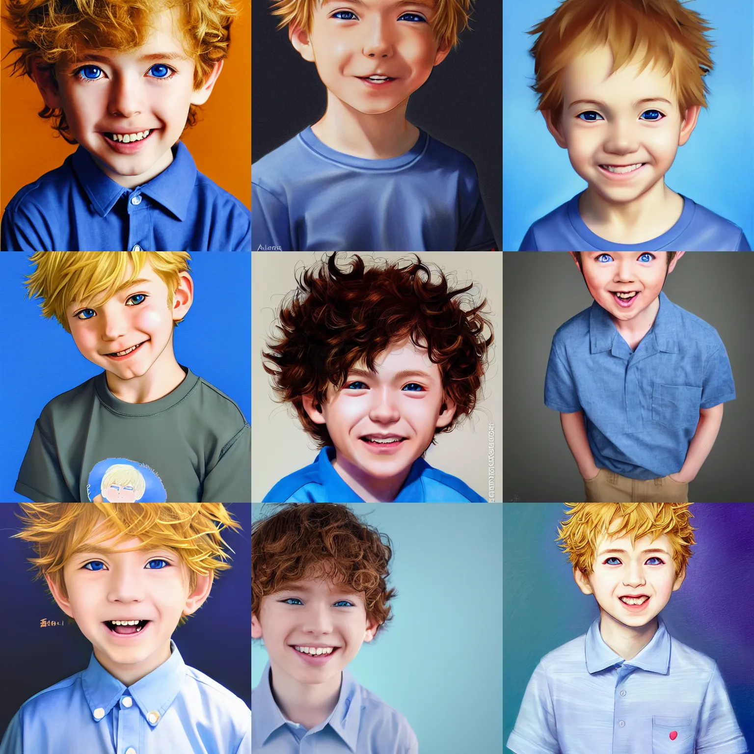 Prompt: A medium shot anime portrait of a smiling anime boy with short curly blonde hair and blue eyes, rosy cheeks, blue-eyed, wearing a shirt, very young child, four years old, medium shot portrait, his whole head fits in the frame, solid color background, by Stanley Artgerm Lau, WLOP, Rossdraws, James Jean, Andrei Riabovitchev, Marc Simonetti, and Sakimi chan, trending on artstation
