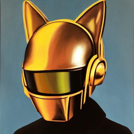 Image similar to a high quality painting of a portrait of a cat wearing the Daft Punk helmet and clothing