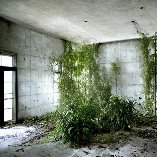 Image similar to an abandoned room in a concrete building, modern avant - garde, few overgrown plants, dreamy, overcast, by hans bellmer