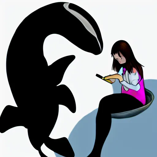 Prompt: a person transforming into and orca pooltoy, hd, drawing, digital art