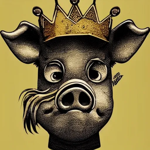 Prompt: grunge cartoon sketch of a pig in a gold crown by beeple , loony toons style, horror themed, detailed, elegant, intricate