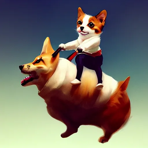 Image similar to tiny cat girl riding on the back of a giant corgi by greg rutkowski