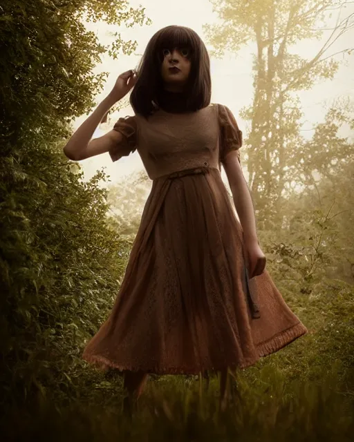 Image similar to photo of eevee pokemon humanisation, in lace brown dress, film still, dslr, by greg rutkowski, wlop, glossy skin, pearlescent, very coherent