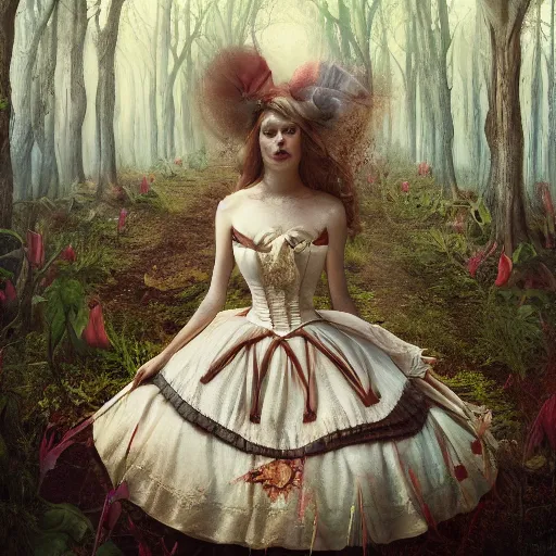 Prompt: Alice in Wonderland, Alice, victorian dress, Alice staring into the distance, surreal forest, painted by seb mckinnon, high detail, digital art, trending on artstation