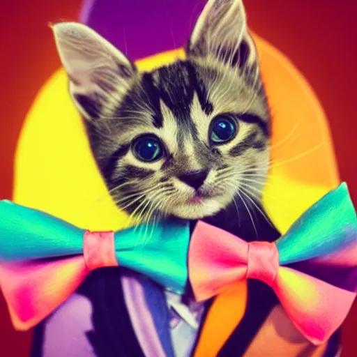 Image similar to a kitten on a rainbow wearing a bowtie
