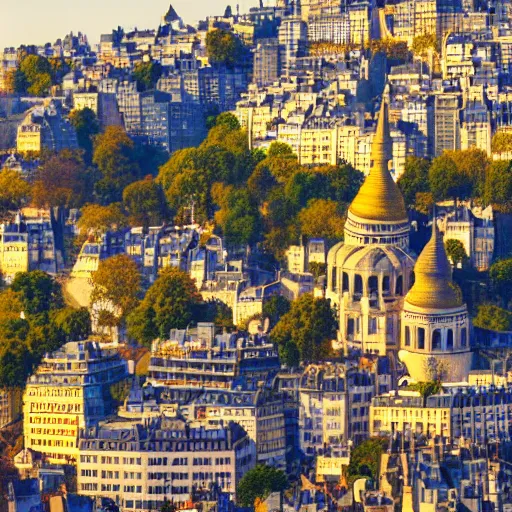 Prompt: the city of Montmartre, but rebuilt in China, intricate detail, photorealistic, 8k, golden hour, landscape, beautiful